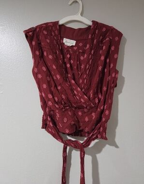 Anthropologie Burgundy Wrap-Style Blouse with Pink Motif